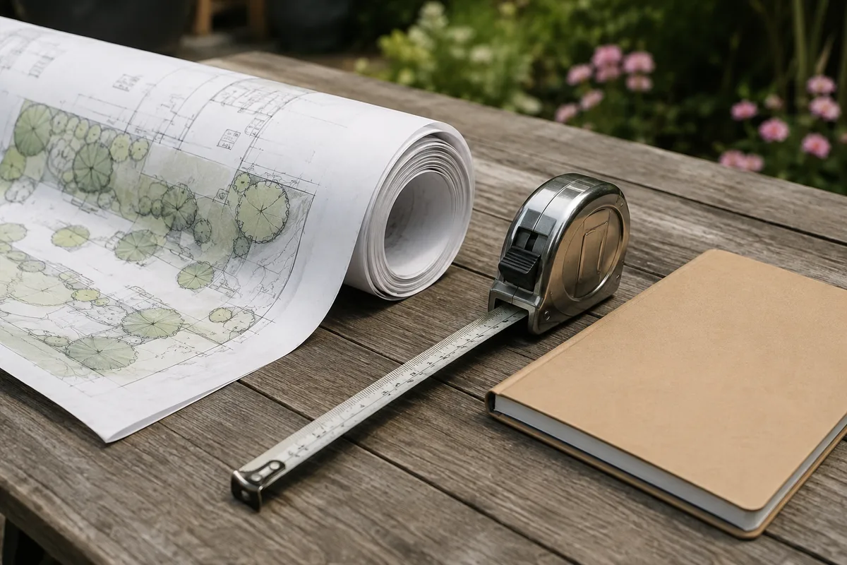 Relevé de terrain avant aménagement extérieur, plan et mètre posés sur une terrasse
