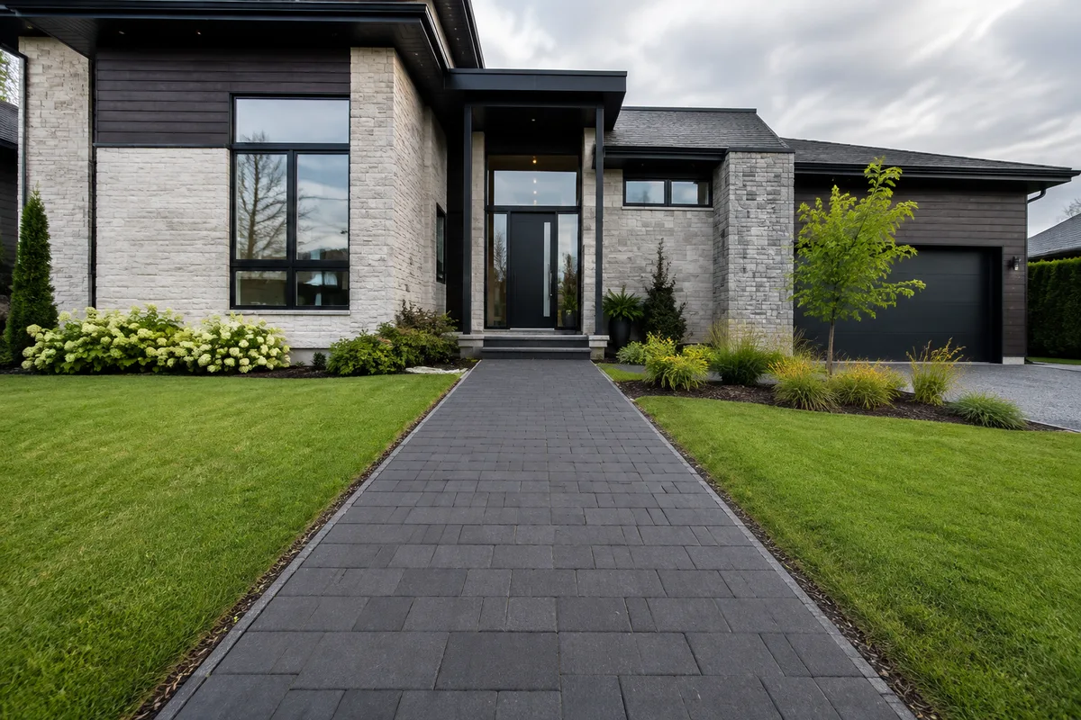 Allée en pavés autobloquants menant à l&rsquo;entrée d&rsquo;une maison contemporaine