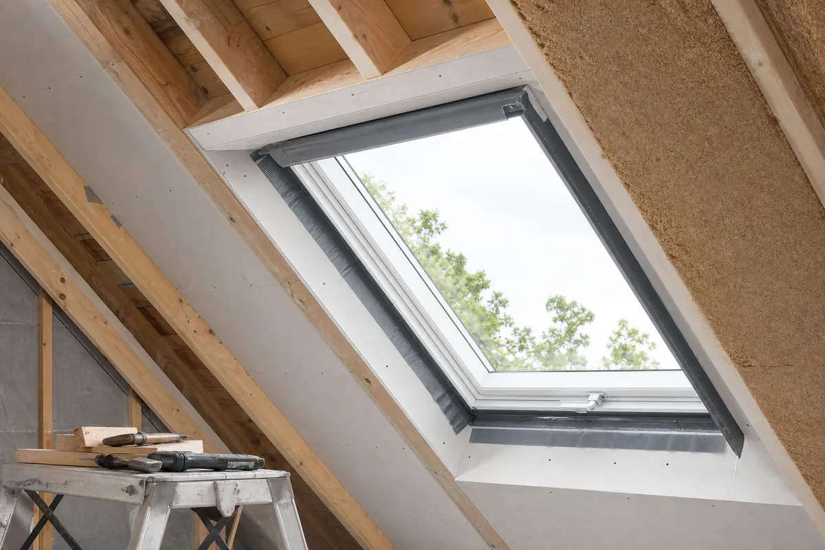 Pose d&rsquo;une fenêtre de toit sous un rampant en chantier d&rsquo;aménagement de combles