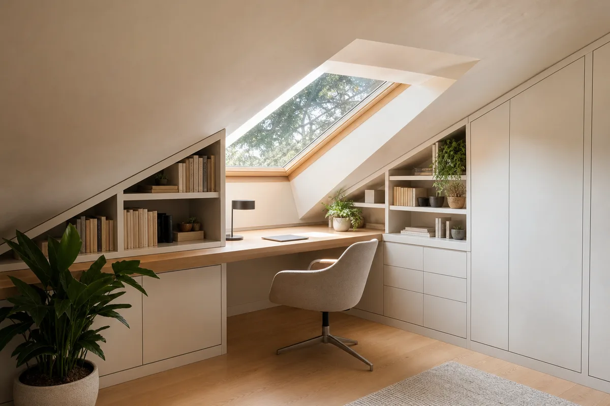 Bureau aménagé sous les combles avec rangements sur mesure épousant la pente du toit