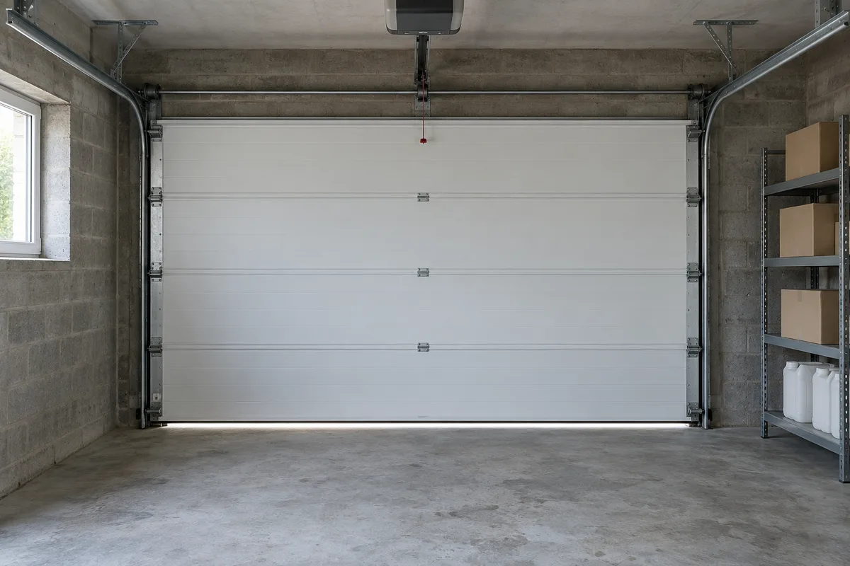 Porte de garage sectionnelle vue de l&rsquo;intérieur avant travaux