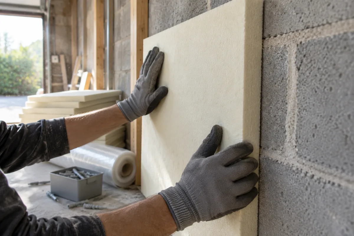 Mains posant un panneau isolant contre un mur en parpaing