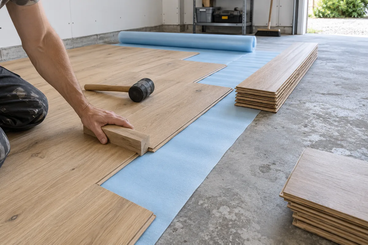 Parquet clair en cours de pose sur la dalle d&rsquo;un garage