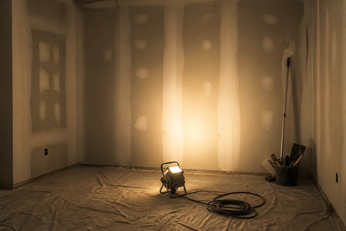 Local aveugle en cours de rénovation, cloison nue éclairée par une lampe baladeuse posée au sol