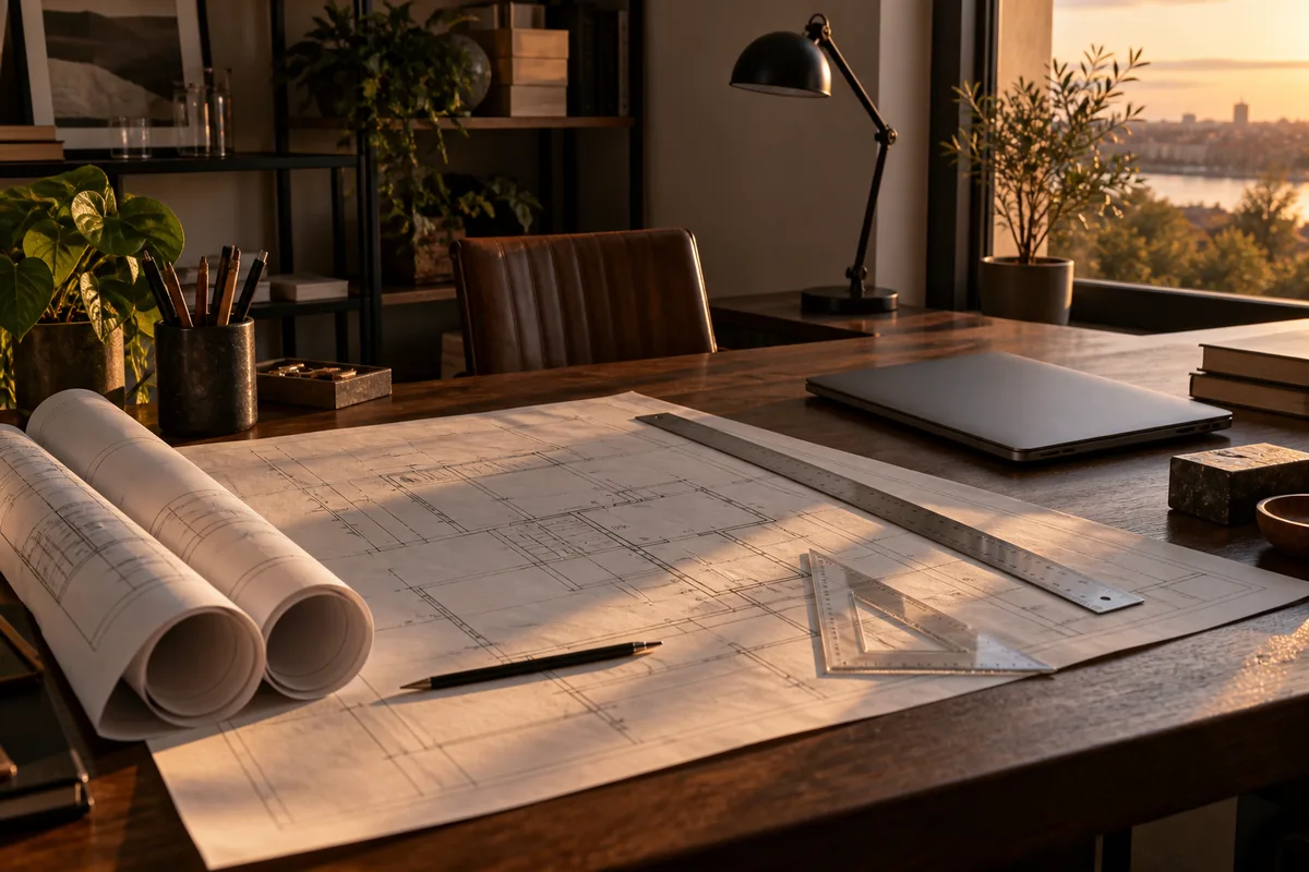 Plans d&rsquo;architecte déroulés sur un bureau avec règle, équerre et ordinateur portable fermé, lumière de fin de journée