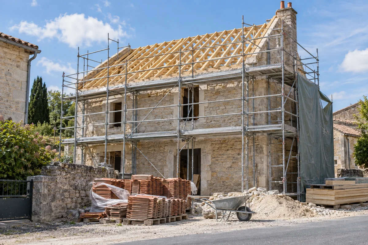 Chantier de réhabilitation d&rsquo;une maison en pierre avec échafaudage et charpente neuve sous un ciel clair
