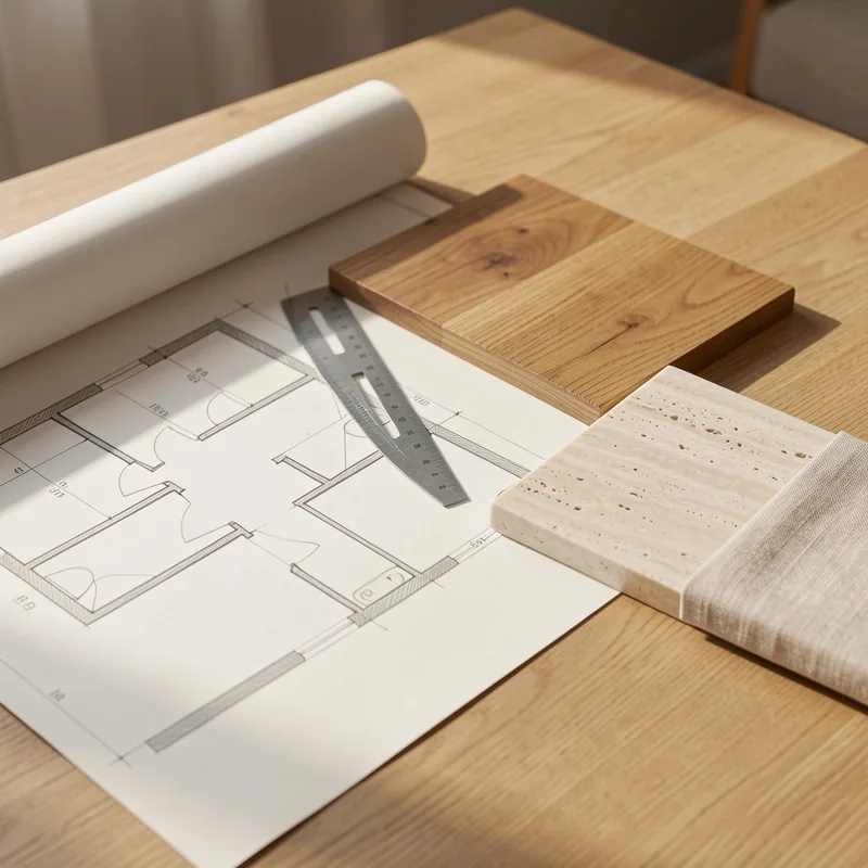 Plan d&rsquo;aménagement intérieur annoté posé sur une table de travail à côté d&rsquo;échantillons de matériaux