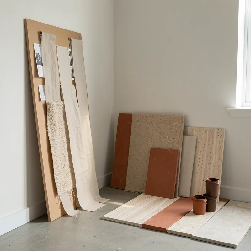 Bureau de conception avec échantillons de peinture, tissus et carrelage disposés en nuancier