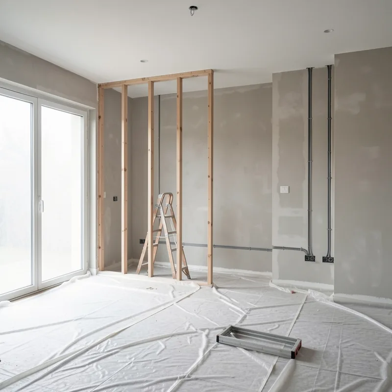 Chantier de rénovation intérieure lumineux avec cloison en cours de dépose et bâches de protection