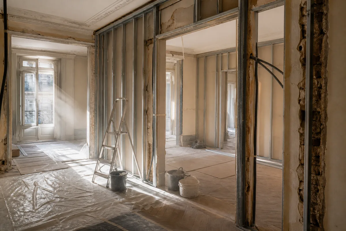 Appartement haussmannien en cours de rénovation, cloisons déposées et parquet ancien protégé par des bâches