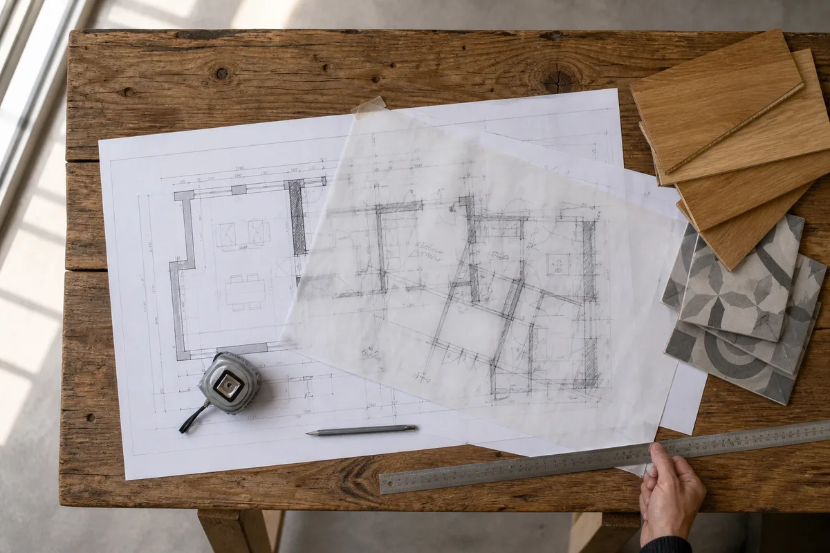 Plans cotés d’un appartement déroulés sur une table à tréteaux avec échantillons de parquet et de carrelage