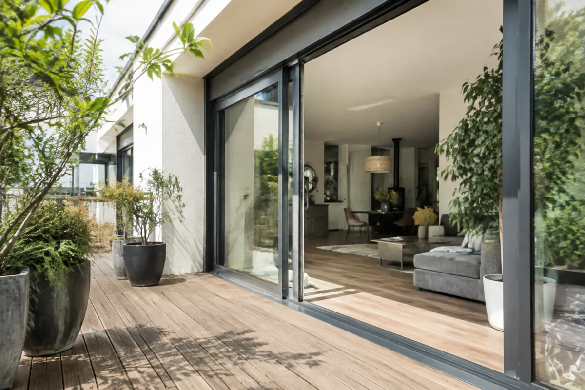 Grande baie coulissante en aluminium gris anthracite ouverte sur une terrasse en bois, maison rénovée