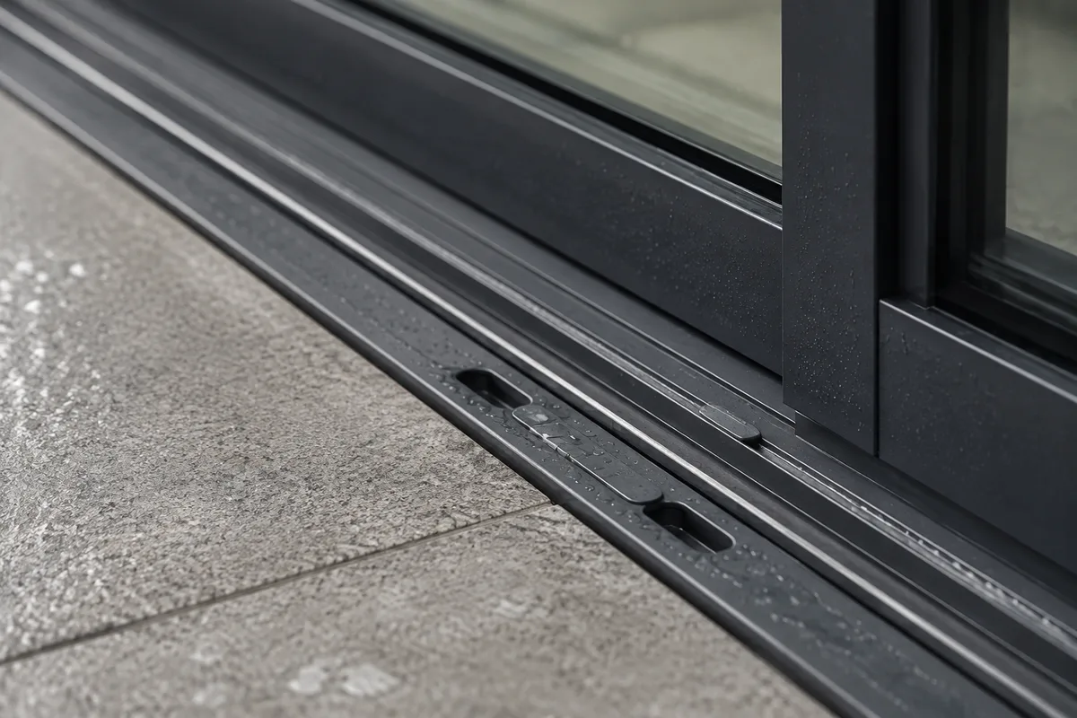 Détail du rail bas d&rsquo;une baie coulissante en aluminium avec ses orifices de drainage et son seuil