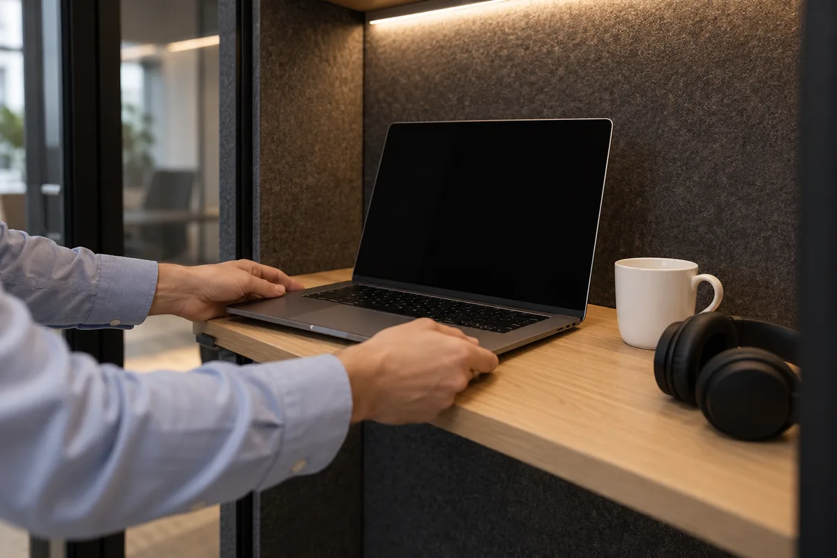Mains posant un ordinateur portable sur la tablette d&rsquo;une cabine de bureau