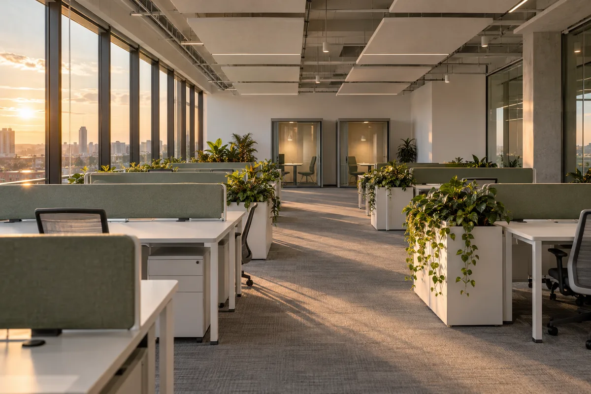Plateau de bureaux vide, cloisons basses et cabines vitrées au fond