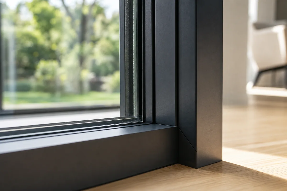 Détail d&rsquo;un profil de fenêtre aluminium fin avec double vitrage dans un séjour rénové