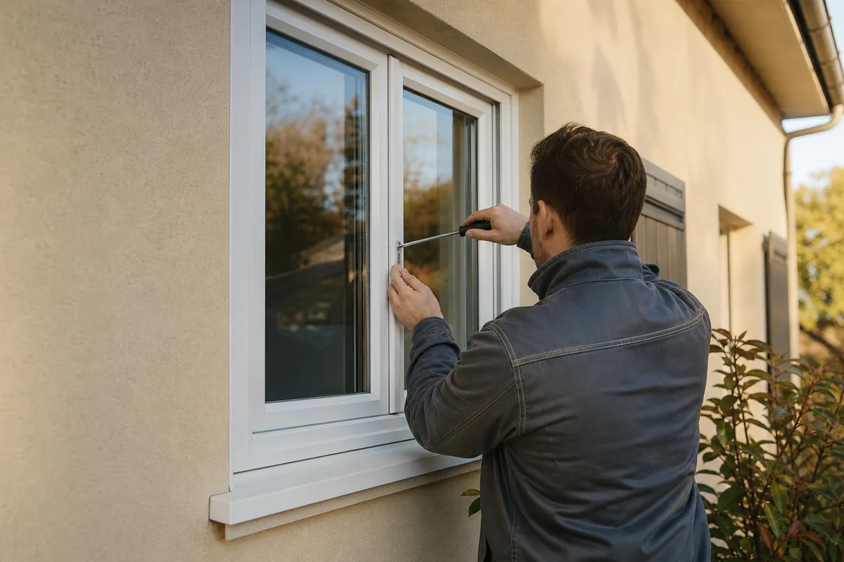 Artisan menuisier réglant une fenêtre PVC blanche fraîchement posée en façade