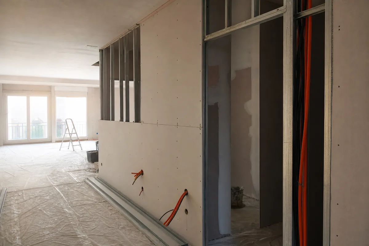 Intérieur en cours de chantier avec cloisons ouvertes, gaines apparentes et bâches de protection au sol