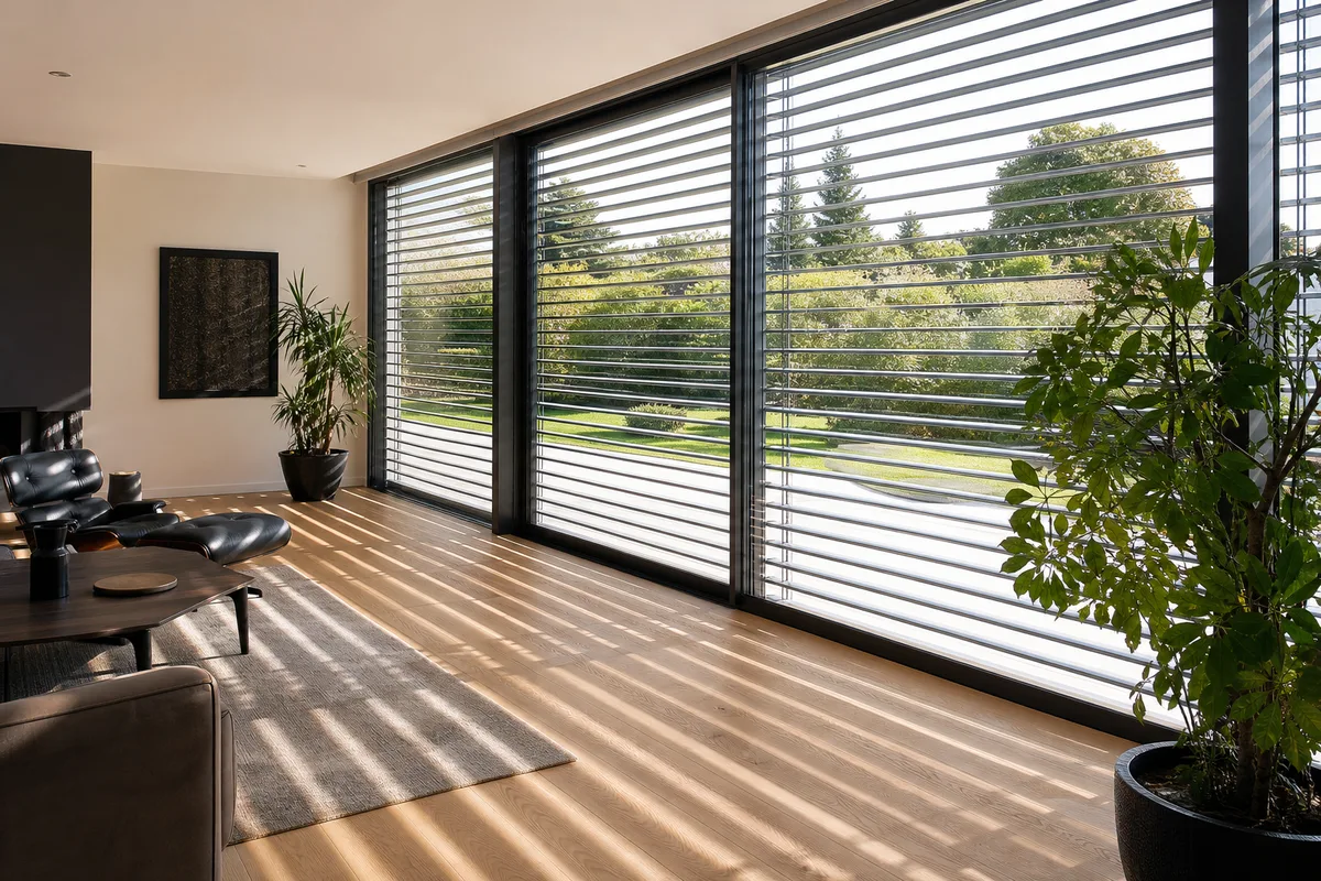 Séjour rénové lumineux protégé de la chaleur estivale par des brise-soleil extérieurs
