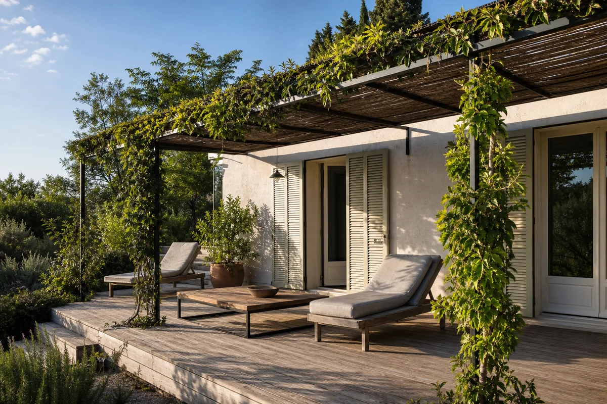 Terrasse ombragée par une pergola limitant la surchauffe d&rsquo;une maison rénovée