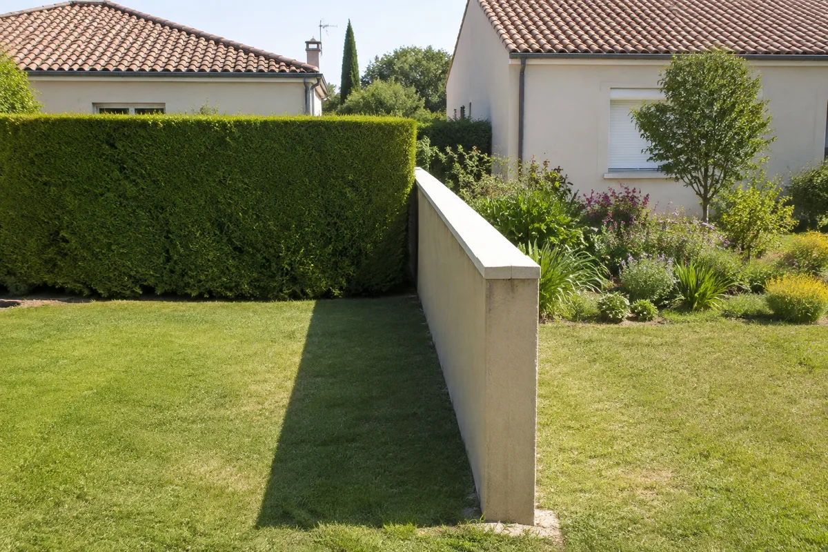 Mur de clôture en parpaings entre deux jardins pavillonnaires, végétation de part et d&rsquo;autre