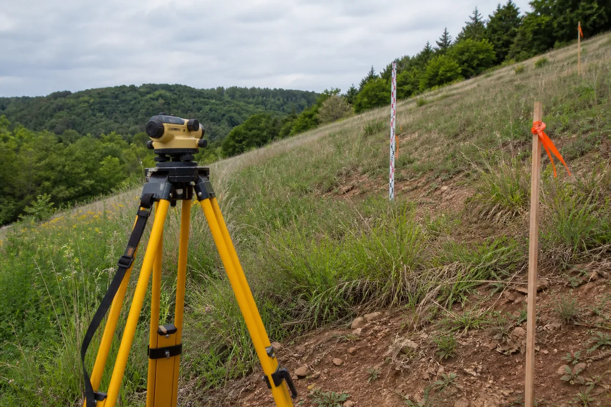 Relevé topographique en cours sur une parcelle en pente avec trépied de géomètre et mire graduée
