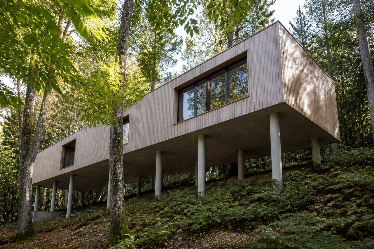 Maison contemporaine posée sur pilotis béton à flanc de coteau boisé, plancher bas dégagé au-dessus du sol naturel