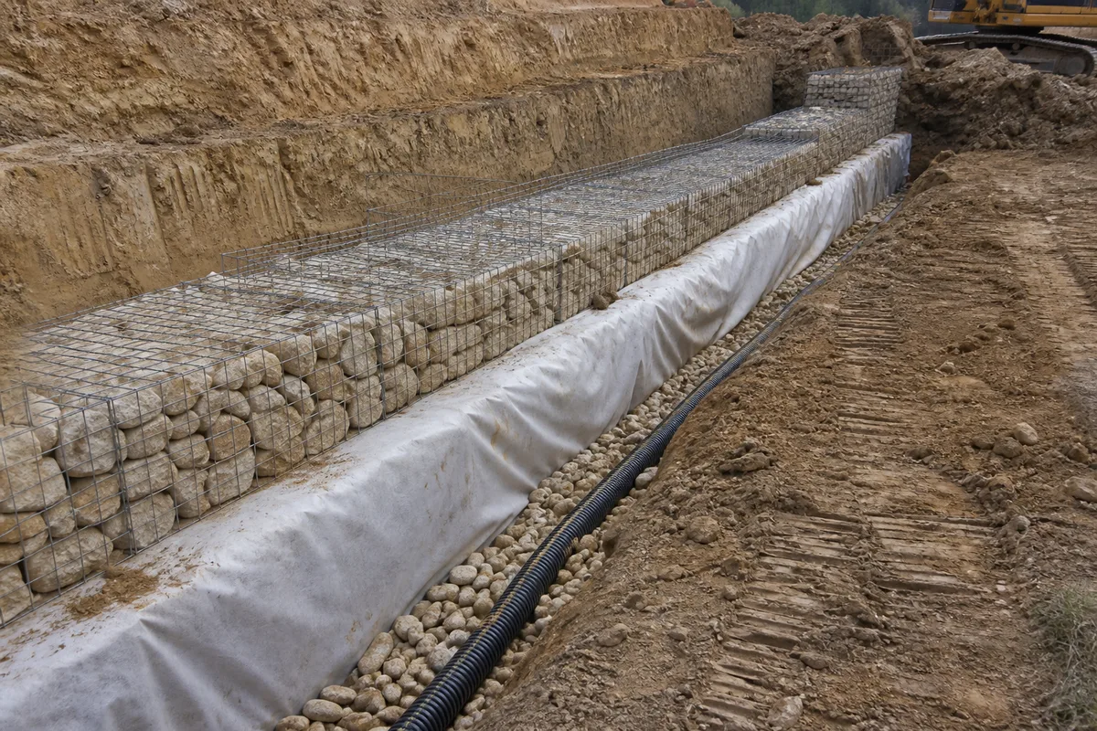 Mur de soutènement en gabions de pierre en cours de montage au pied d&rsquo;un talus terrassé, tranchée drainante ouverte