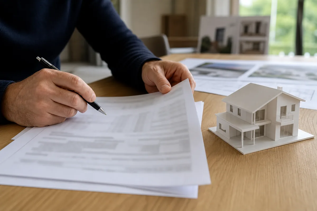Mains d’un architecte détaillant un devis d’honoraires à côté d’une maquette de maison