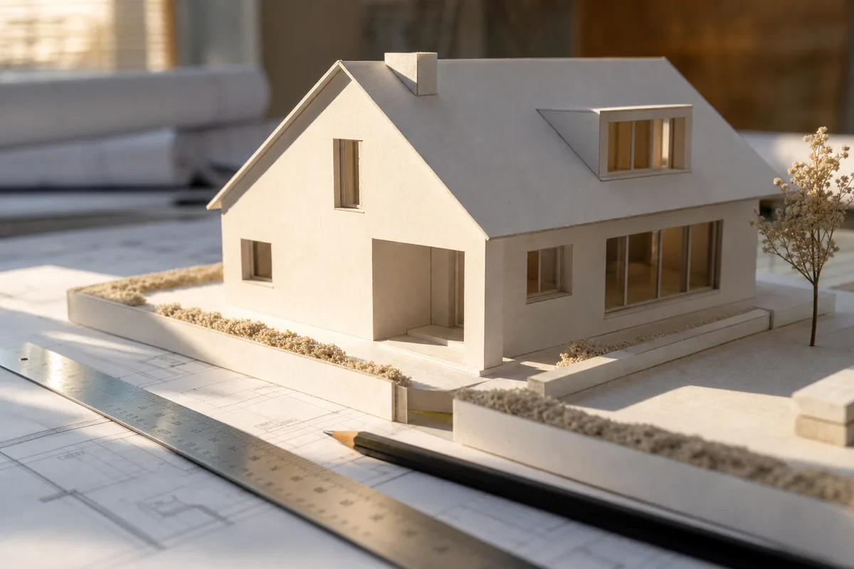 Maquette d’étude d’une maison individuelle posée sur une table à dessin avec règle et crayon