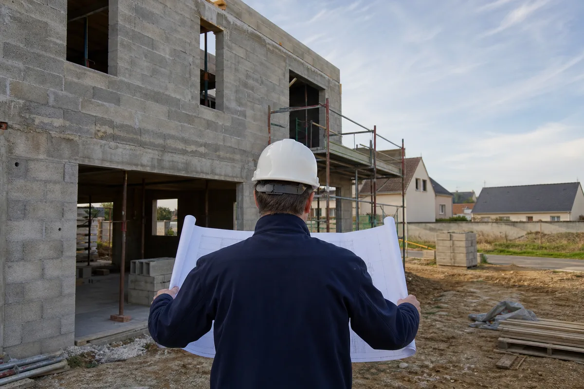 Architecte casqué consultant des plans sur le chantier d’une maison en construction