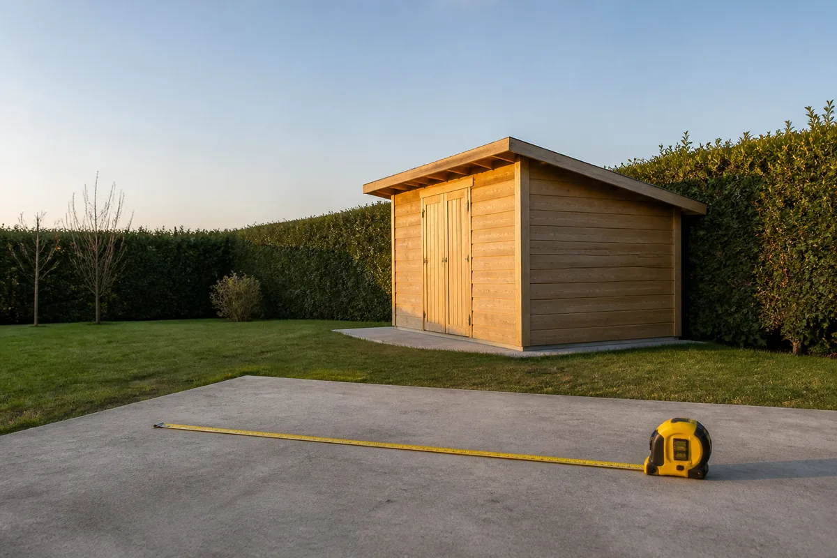 Abri de jardin en bois monté au fond d&rsquo;une parcelle, mètre ruban posé au sol