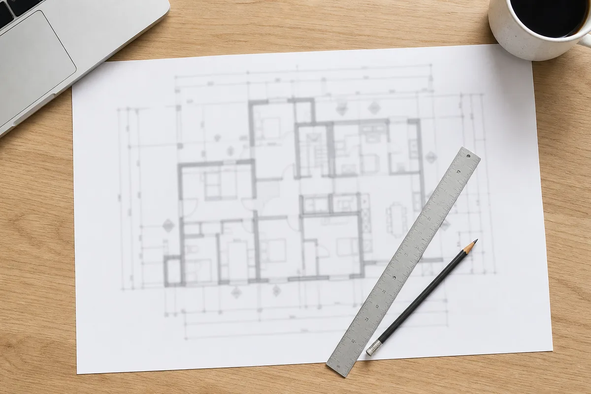 Plan de maison coté posé sur une table de travail avec réglet et crayon, ouvertures repérées