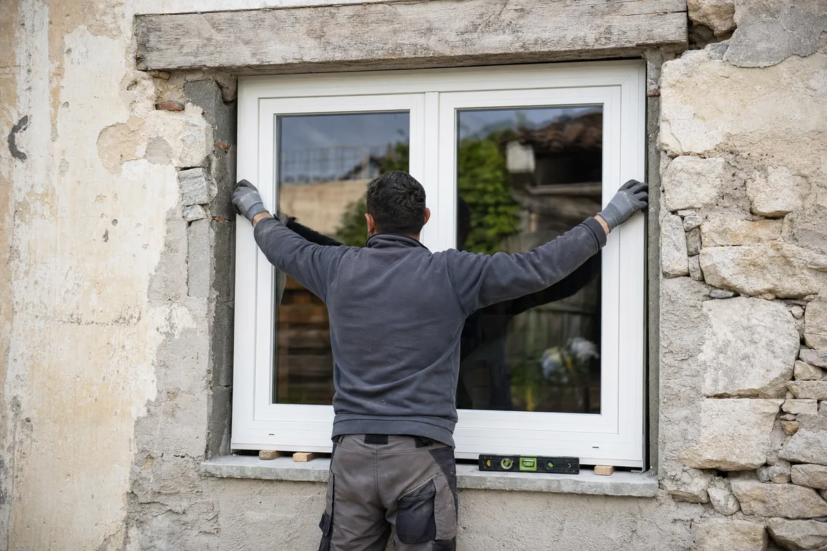 Menuisier ajustant une fenêtre PVC blanche dans une ouverture de façade en rénovation