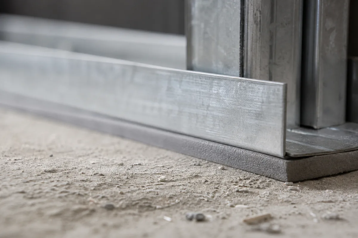 Détail d&rsquo;une jonction plancher-cloison avec bande résiliente périphérique posée avant le parement