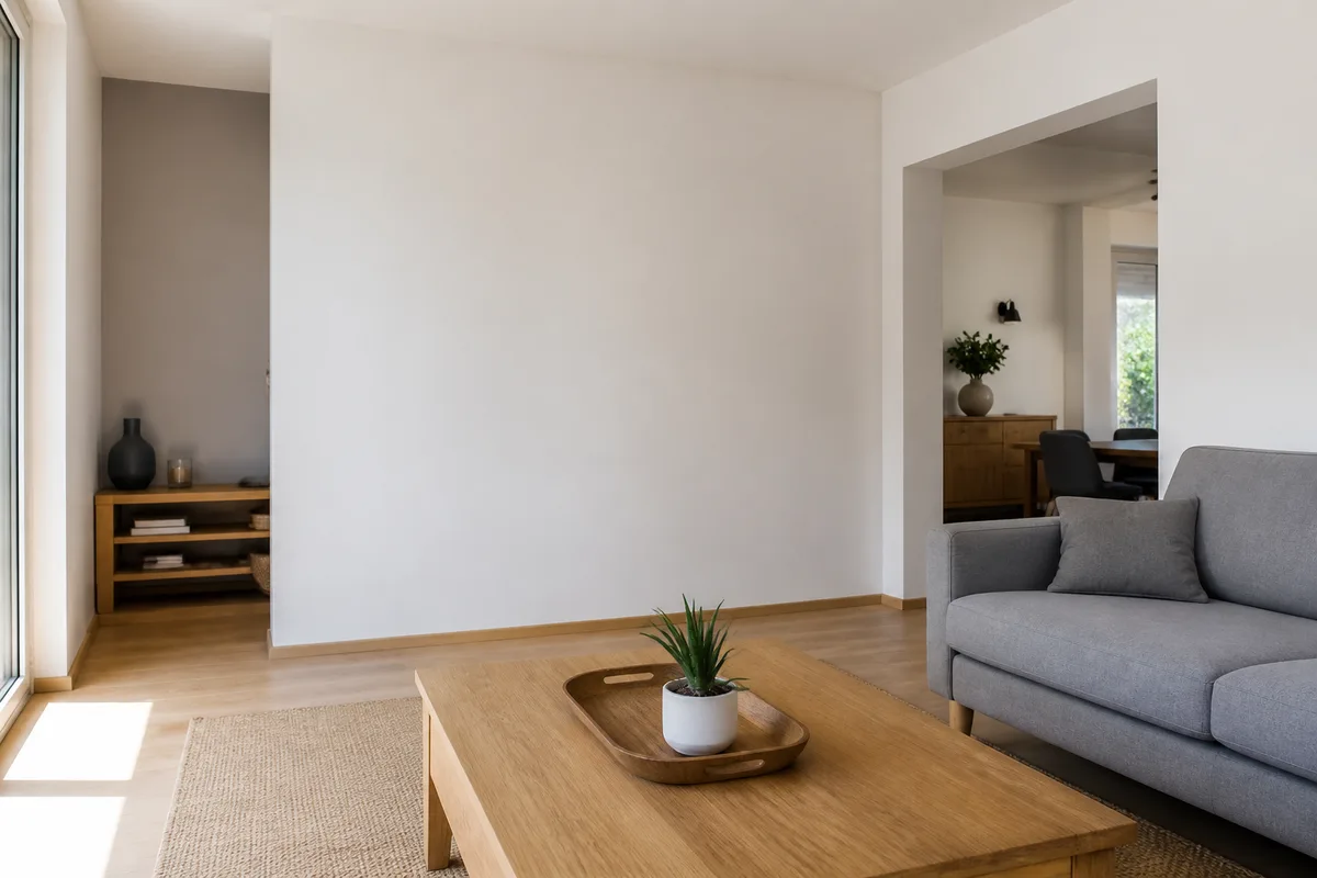 Salon d&rsquo;appartement rénové avec doublage terminé, plinthes reposées et mur peint
