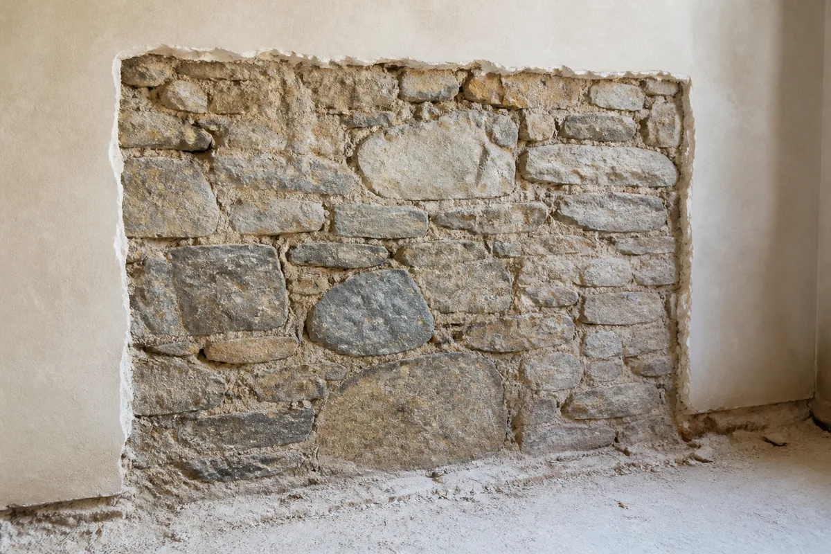 Relevé de sondage sur un mur intérieur, enduit ouvert laissant apparaître la maçonnerie