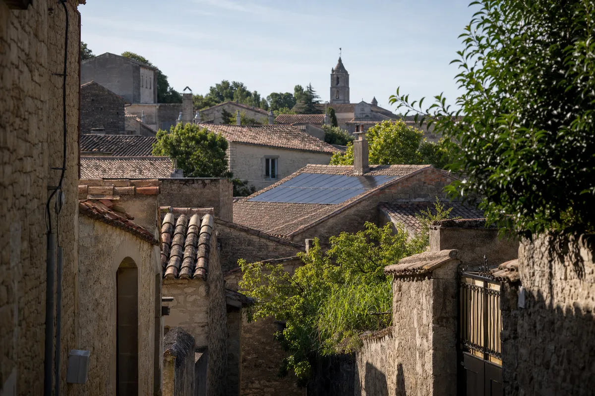 Maison de village en secteur protégé avec toiture en tuiles et panneaux solaires discrets