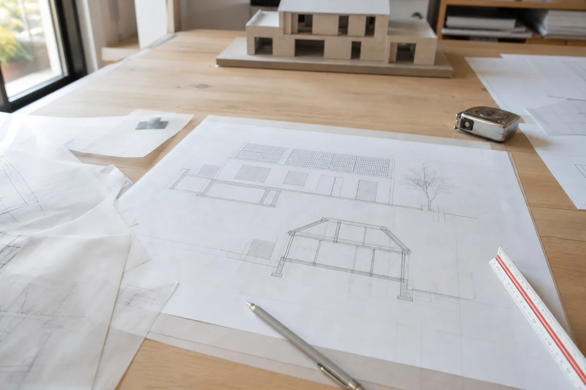 Plans de façade et coupe d&rsquo;une maison montrant le calepinage des panneaux sur le versant sud