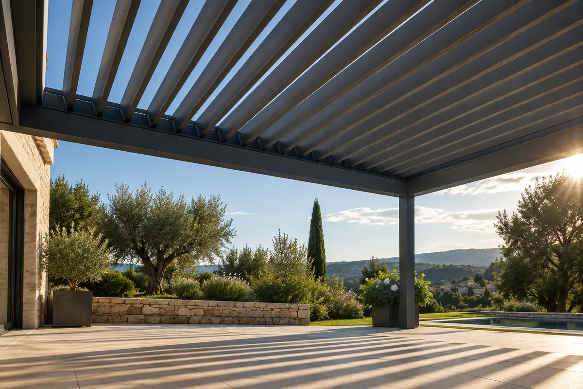 Pergola en aluminium gris anthracite aux lames entrouvertes laissant passer des rais de lumière sur une terrasse