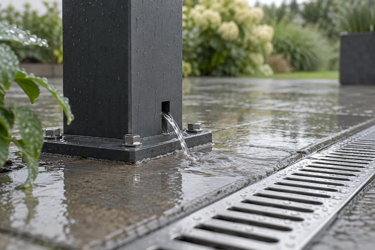 Détail d&rsquo;un poteau de pergola en aluminium anthracite avec sa descente d&rsquo;eau intégrée débouchant au pied