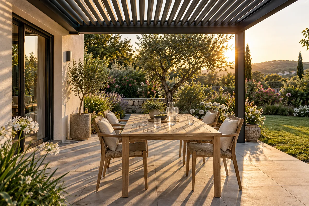 Terrasse ombragée par une pergola à lames avec une table et des chaises en bois en fin d&rsquo;après-midi
