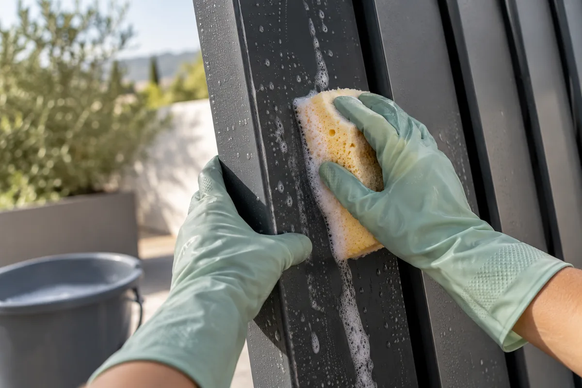 Mains nettoyant une lame de pergola en aluminium anthracite avec une éponge