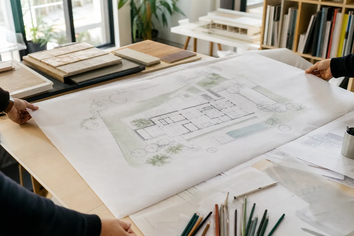 Plan de maison de 120 m² déroulé sur une table avec échelle et crayons