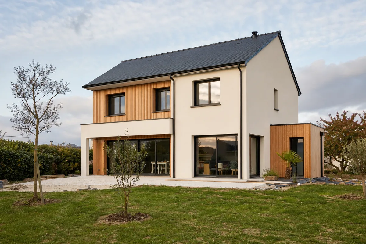 Façade d’une maison contemporaine à étage d’environ 120 m² en fin de chantier