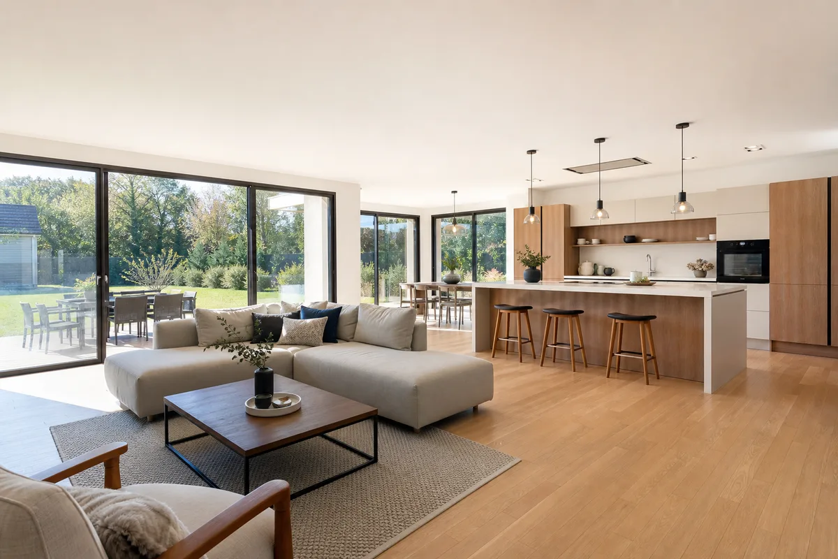 Intérieur lumineux d’un séjour ouvert avec cuisine dans une maison neuve