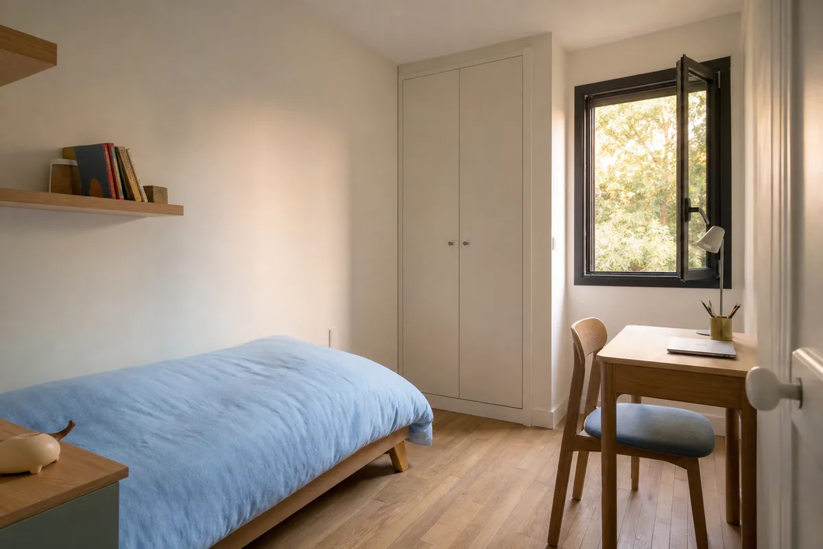 Chambre d&rsquo;enfant d&rsquo;environ onze mètres carrés avec lit, armoire et bureau contre un mur plein