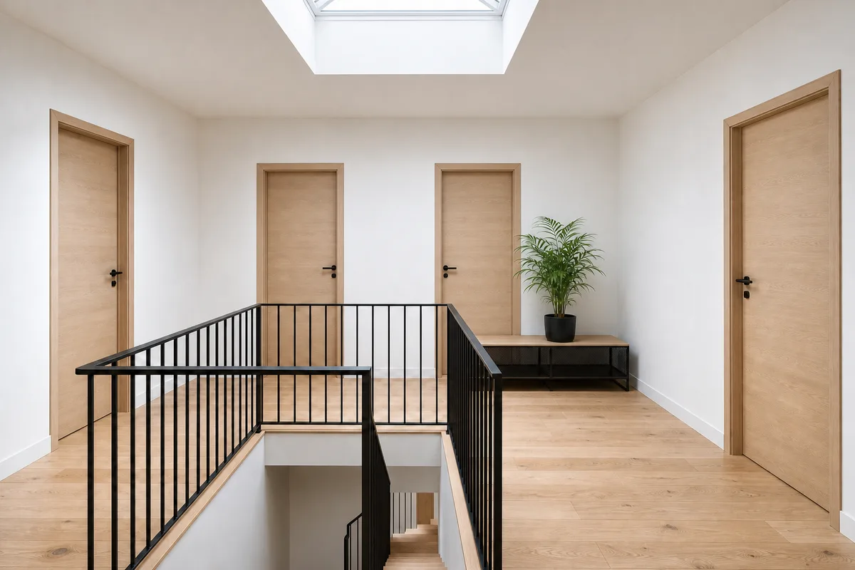 Palier desservant quatre portes de chambres dans une maison familiale contemporaine
