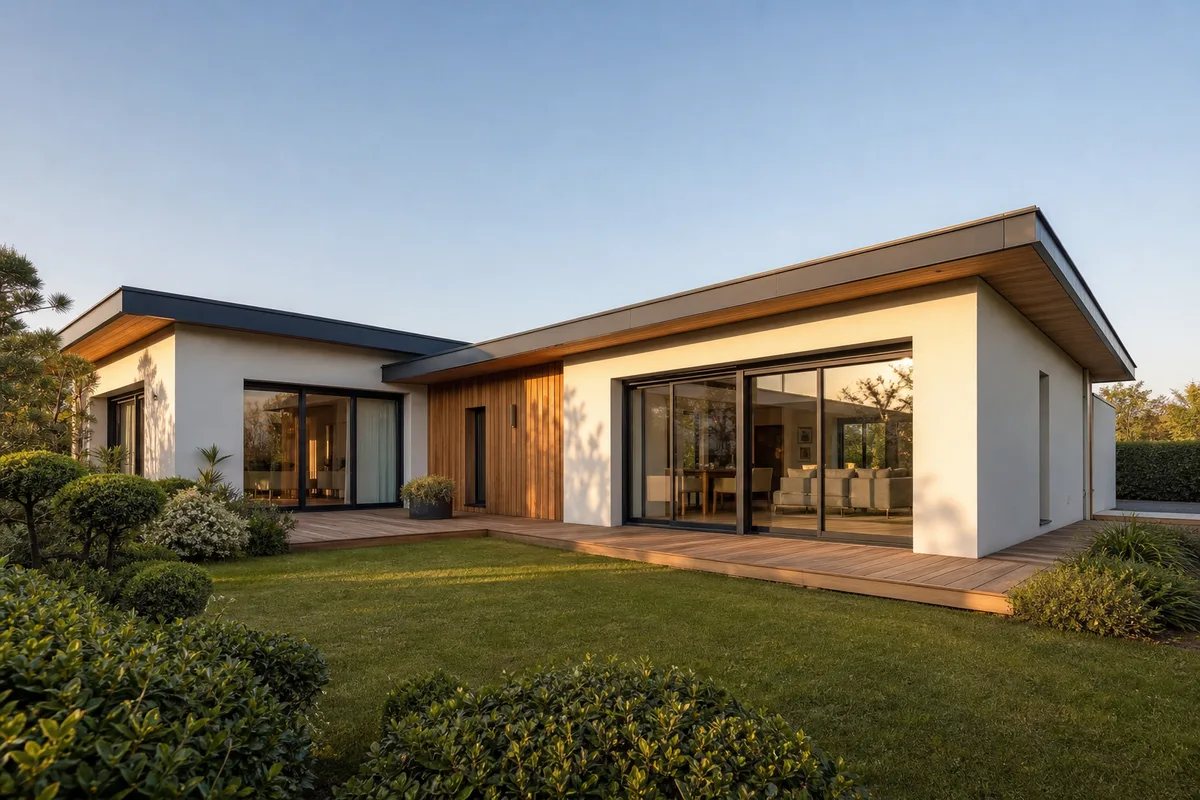 Maison familiale contemporaine de plain-pied avec grandes baies orientées au sud