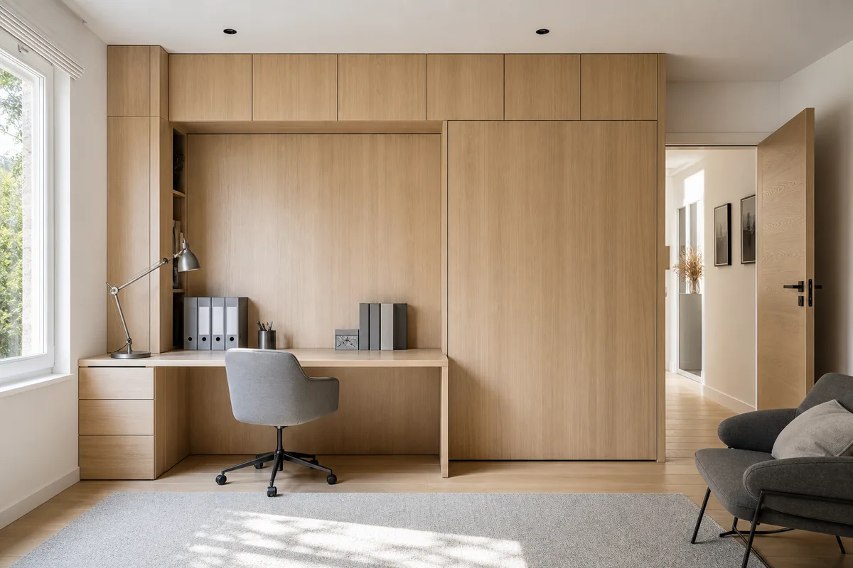 Chambre d&rsquo;appoint aménagée en bureau avec lit escamotable et rangements sur mesure